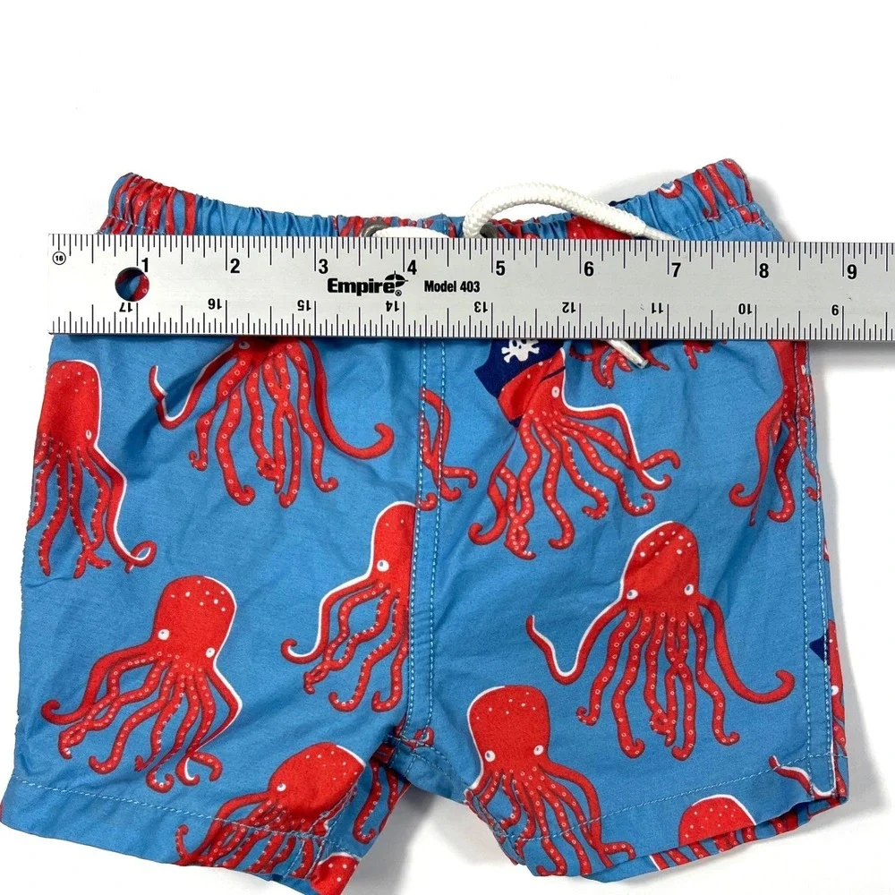 Baby Boden Octopus Pirate Print Swim Trunks Blue Red 3-6 Months Beach Summer EUC